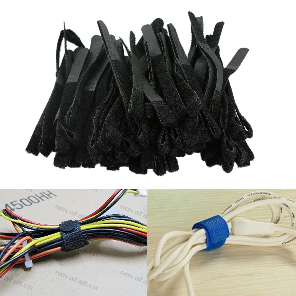100 stk fastgørelse nylon bånd wire kabelrem loop management værktøj sort kabel ledning rem krog tape vikler ledning ryddig arrangør