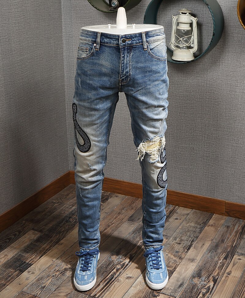 Streetwear Men Jeans Slim Fit Snake Embroidery Ripped Jeans Men Destroyed Punk Pants Hip Hop Jeans: 28