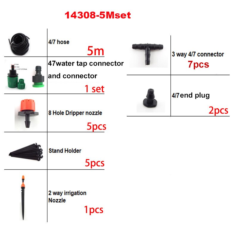 5M 4/7Mm Slang Diy Druppelsysteem Automatische Watering Kit Tuingereedschap Set Verstelbare Micro Druppelaar voor Planten: 14308-5Mset