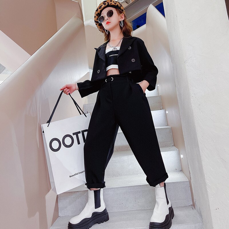 Meisjes Blazer Suits Kleding Sets Lente Herfst Kids Crop Jassen + Broek Met Riem Solid Formele Tiener Casual Outfits: Black / 7