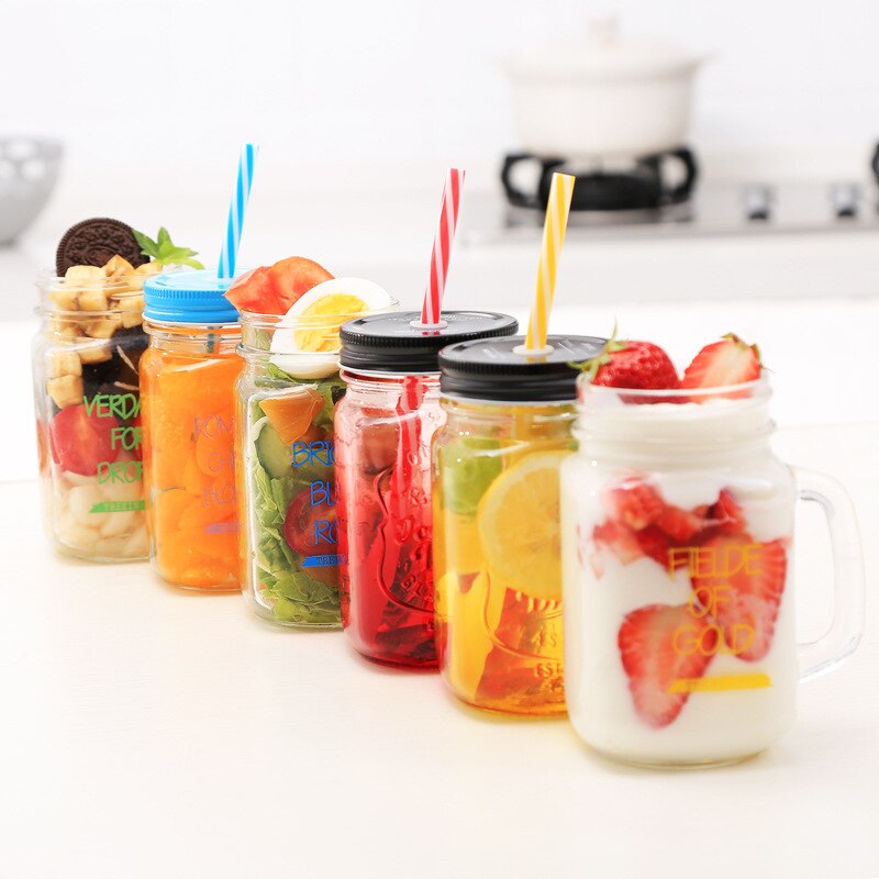 Lutning blå bokstaven glas kopp mason burk mugg med lock & halm glass frukt kall dricka glas smoothie kaffe koppgift