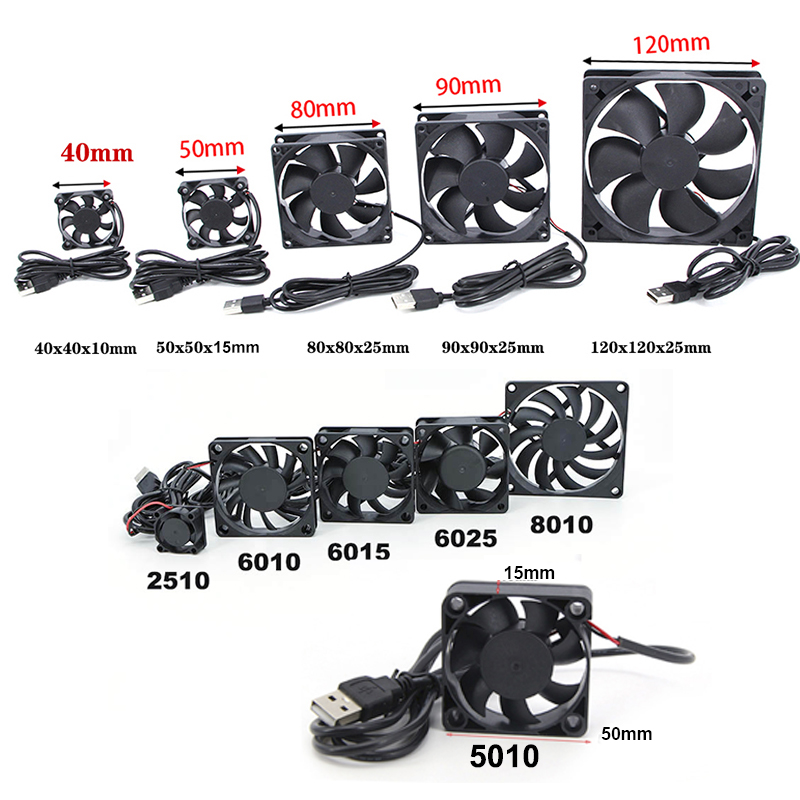 Dual 40mm 50mm 60mm 80mm 90mm 120mm DC 5V Powered USB Fans with 2 in 1 USB Cable for AV Receiver DVR Cooling E