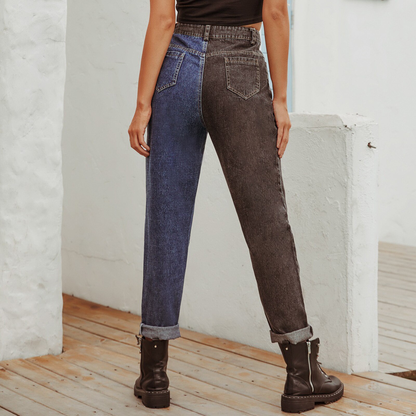 Jean Denim taille haute pour femmes, jean droit, deux tons, noir, bleu, décontracté,