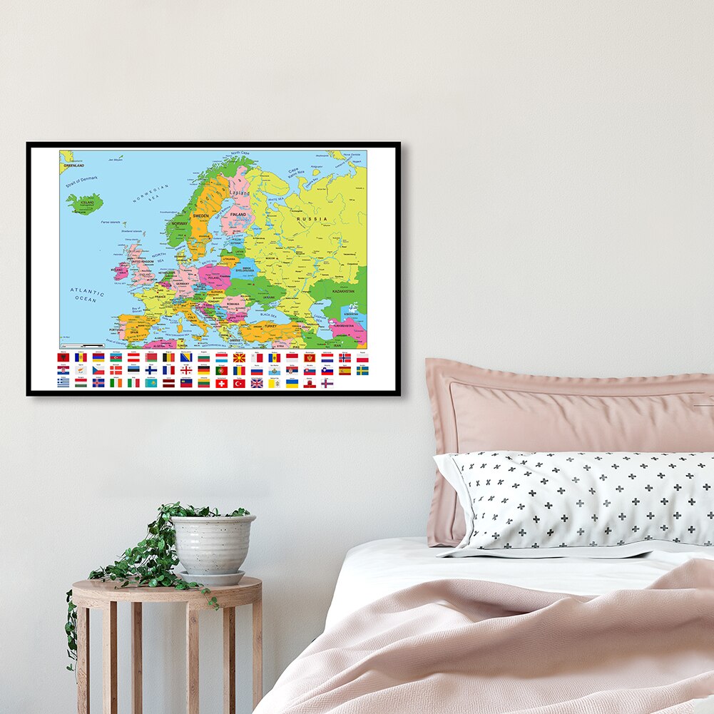 84*59cm The Europe Map with National Flags Wall Art Poster Canvas Painting Classroom Home Decoration Kids School Supplies