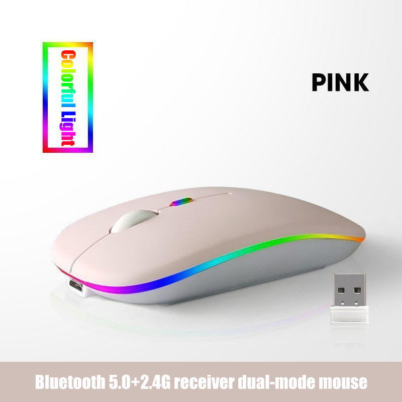Bezprzewodowa mysz Bluetooth 5.0 2,4 GHz, z lampką USB z możliwością ładowania RGB, odpowiednia do laptopów, komputerów PC, Macbooków, myszy do gier 1600 dpi: Różowy