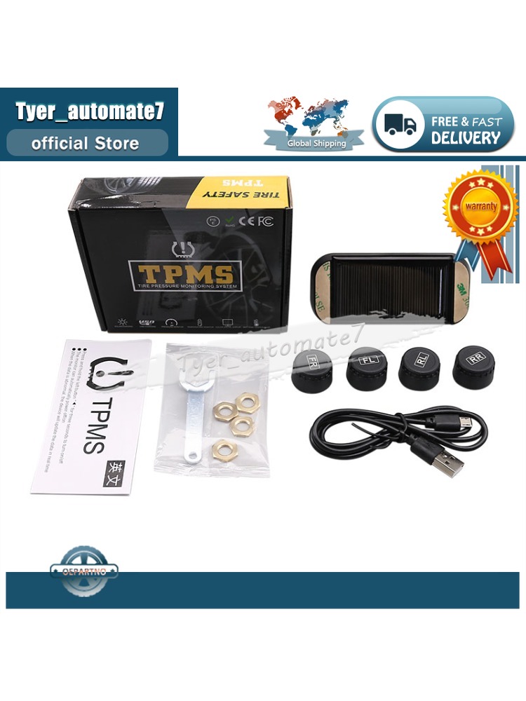 Bandenspanningscontrolesysteem met 4 externe sensoren, temperatuurwaarschuwing, digitale manometer, autobandenspanningsmonitor, tpms op zonne-energie.