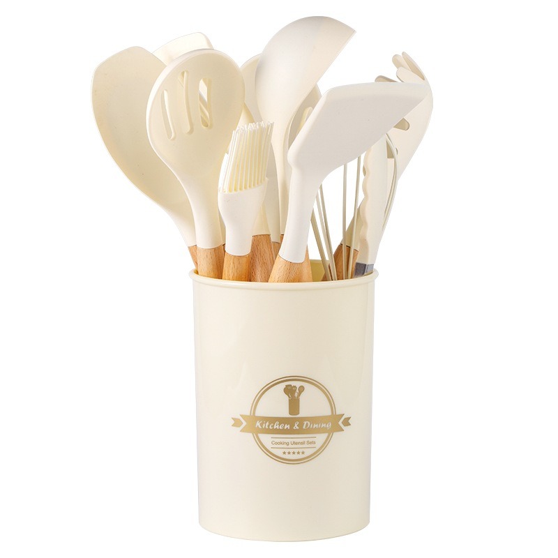 Khaki Kitchen Tools 12 Piece Silicone Spatula With Storage Bucket Wooden Handle Silicone Kitchen Set Cooking Kitchen Accessories