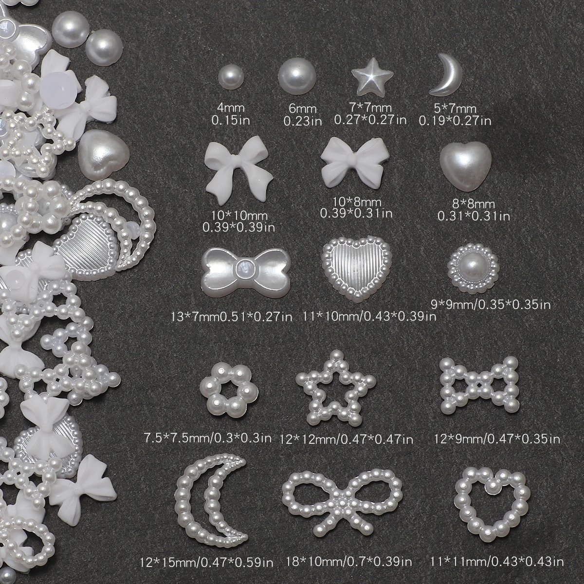 1 doos nagelaccessoires 3D nagelbedel hars liefde boog pentagram nagelaccessoires gemengd roze witte hars holle parel voor manicure