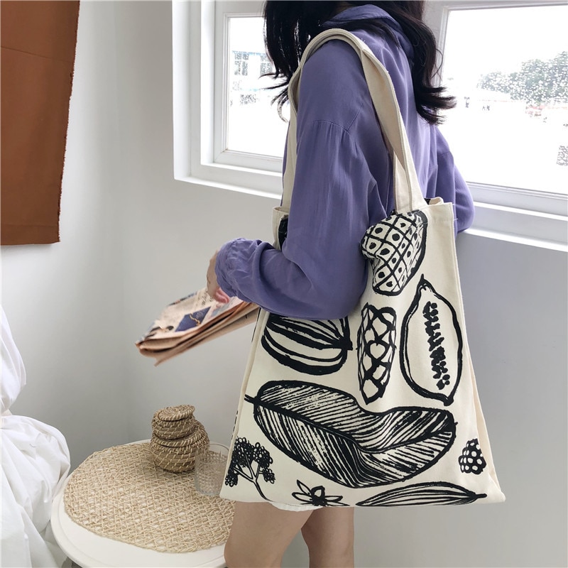 Women Canvas Shoulder Bag Leaf Printing Female Large Capacity Shopping Bag Lady Eco Pure Cotton Beige Handbag Junior Miss Tote