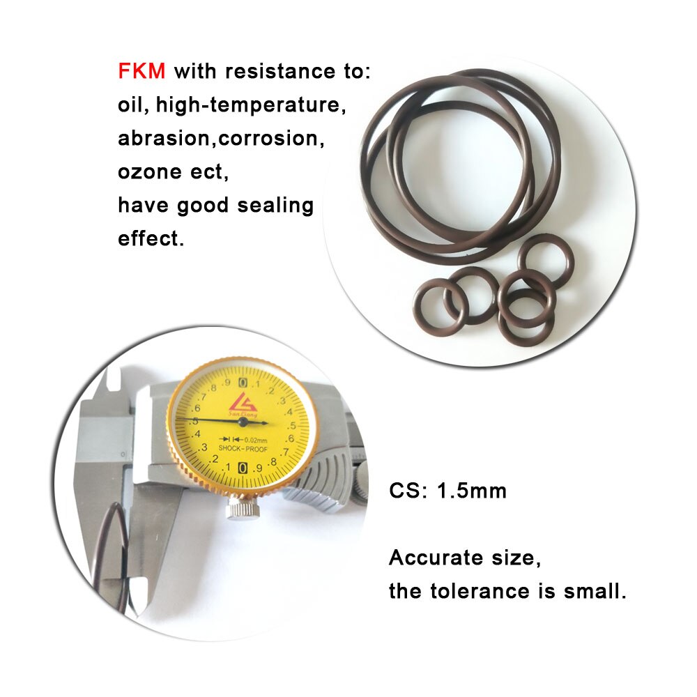FKM-juntas tóricas de goma CS 1,5mm, arandelas de goma de flúor OD 4,5mm ~ 65mm, anillo de sellado de banda elástica de agua, 10 piezas