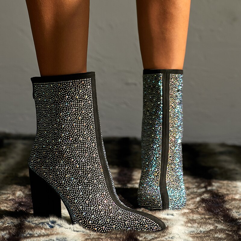 Bottines noires à strass et fermeture éclair pour femmes, à bouts pointus, à talons hauts, chaussures Botas mujer grande taille du 35 au 42