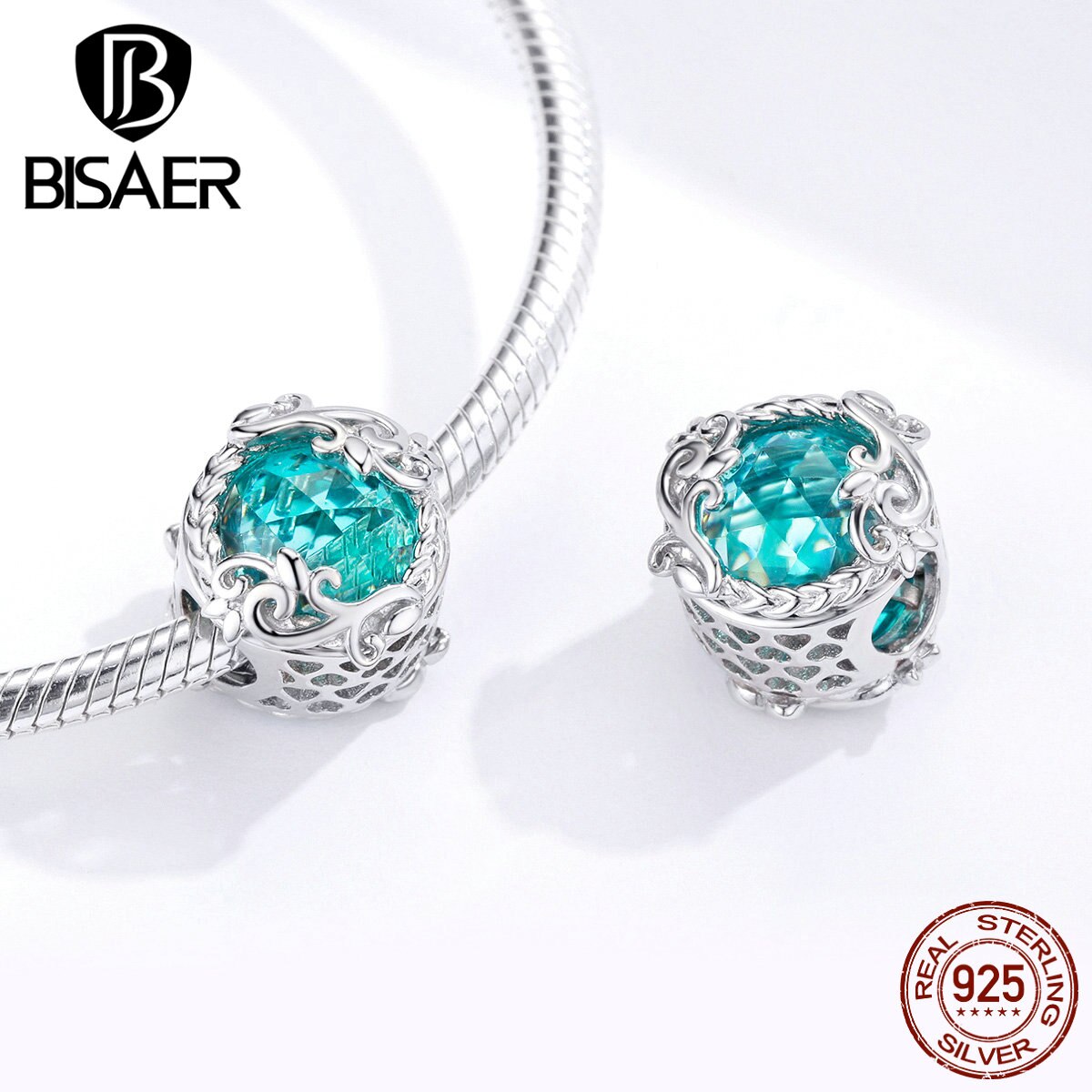 Kristall Perlen BISAER 100% 925 Sterling Silber Grün Zirkon Perlen Charms fit Charms Armbänder Silber 925 Original Schmuck EFC105