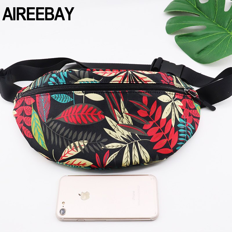 AIREEBAY Printed Leaf Women Waist bags Large Capacity Canvas Fanny Pack with Zipper Female Casual Travel Banana bags