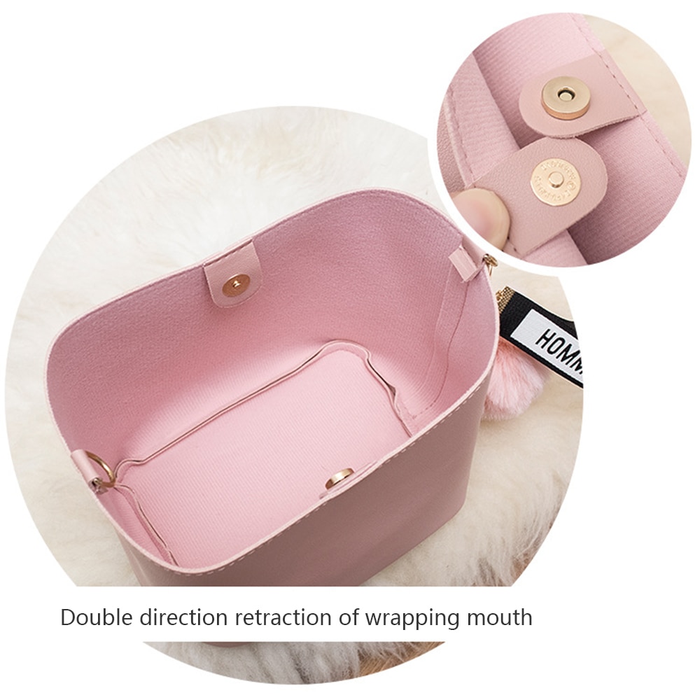Women Large Capacity Bucket Crossbody Bags Style Mini Wide Strap Shoulder Fur Ball Messager Bags Handbag