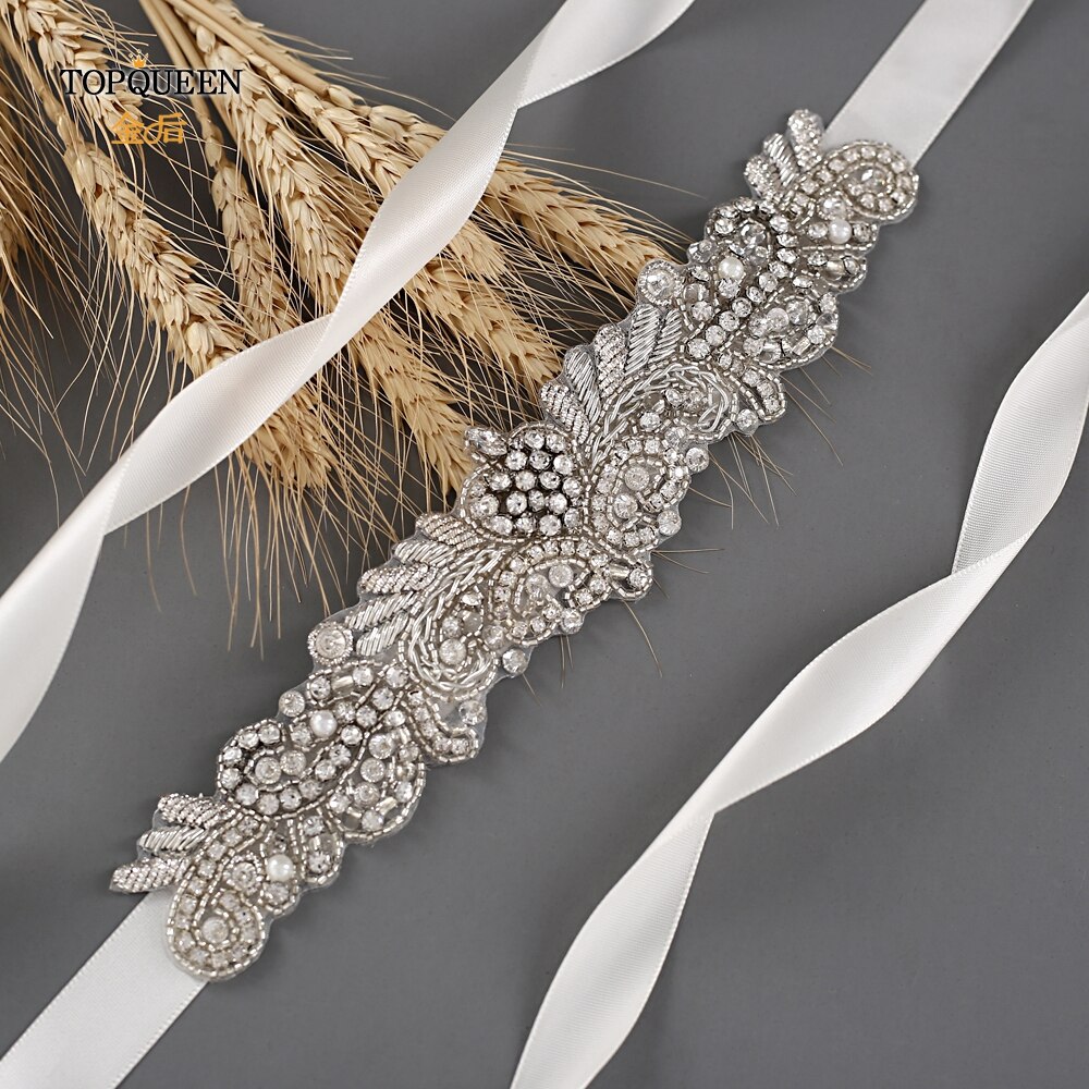 TOPQUEEN S375-S Wedding Dress Belts Bridal Waist Belt Dress Satin Ribbon Belt Indian Beaded Belt Luxury Rhinstone Dress Belts