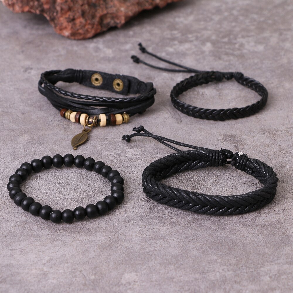 Ifmia Zwarte Mannen Armbanden Vintage Multilayer Leather Braid Armbanden Armbanden Leaf Handgemaakte Rope Wrap Armbanden Mannelijke Jewlery