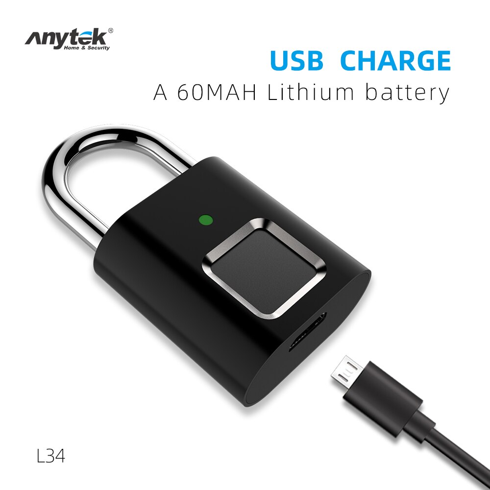 Anytek L34 Smart Fingerprint Lock USB Rechargeable Fingerprint Padlock Security Keyless Mini Door Luggage Finger Print Lock