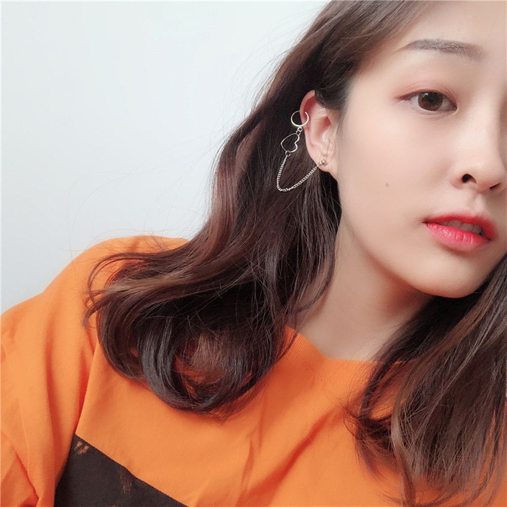 Women Punk Hip Hop Long Chain Earrings Silver Circle Heart Statement Dangle Earrings Accessories Korean Jewelry