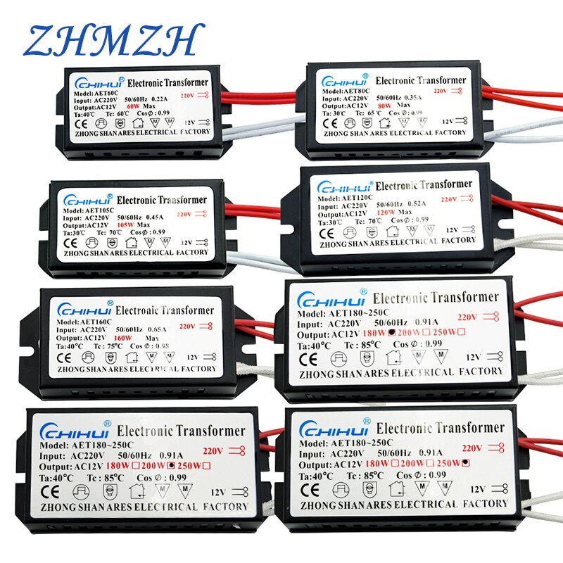 Transformador electrónico AC220V a 12V, 60W, 80W, 105W, 120W, 160W, 180W, 200W, 250W para lámpara halógena y lámpara de cristal, cuentas de luz G4