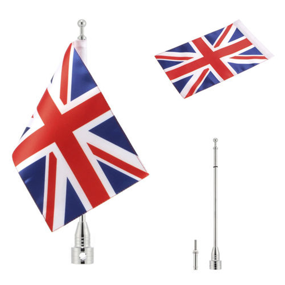 Mât de drapeau latéral réglable universel pour moto, 6x9 pouces, en Polyester, 8 drapeaux de pays pour la plupart: UK silver