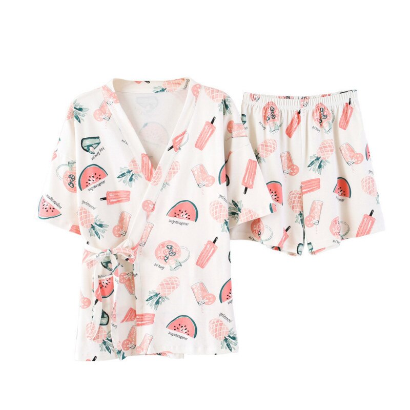 Kimono Pajamas Set Yukata Women Summer Cotton Short-sleeved Cute Watermelon Print Japanese Kimonos Cardigan Home Service Suit