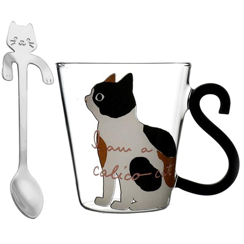 Søde katte varmebestandige kaffekrus drikkeisolering glas te kop drinkware mælk med ske: 4