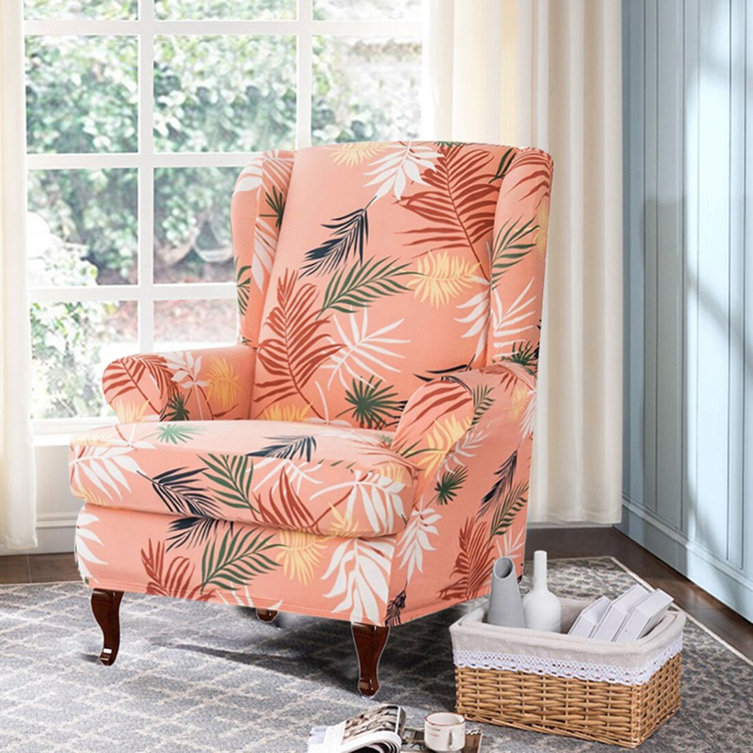 Sloping Arm Wing Back Chair Cover Stretch Wingback Armchair Cover 2 Piece Set Elastic Spandex Chair Slipcover for Home Decor