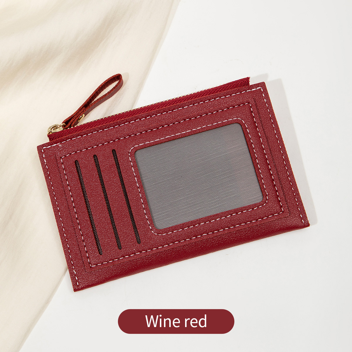 Minimalist ultra-thin coin wallet fashionable and portable PU leather wallet multifunctional credit card clip zipper card holder: Burgundy