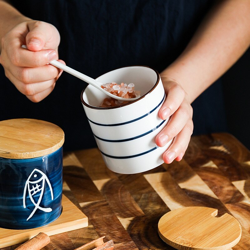 Japansk stil keramisk salt sukker peber honning krydderi krukke shaker krydderæske køkken tilbehør krydderi opbevaring krukker flaskeholder