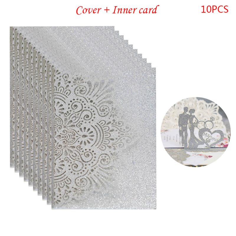 10Pcs Bride Groom Hollow Wedding Invitations Card Delicate Carved Lace Romantic Greeting Cards Decor Party Supplies: Silver