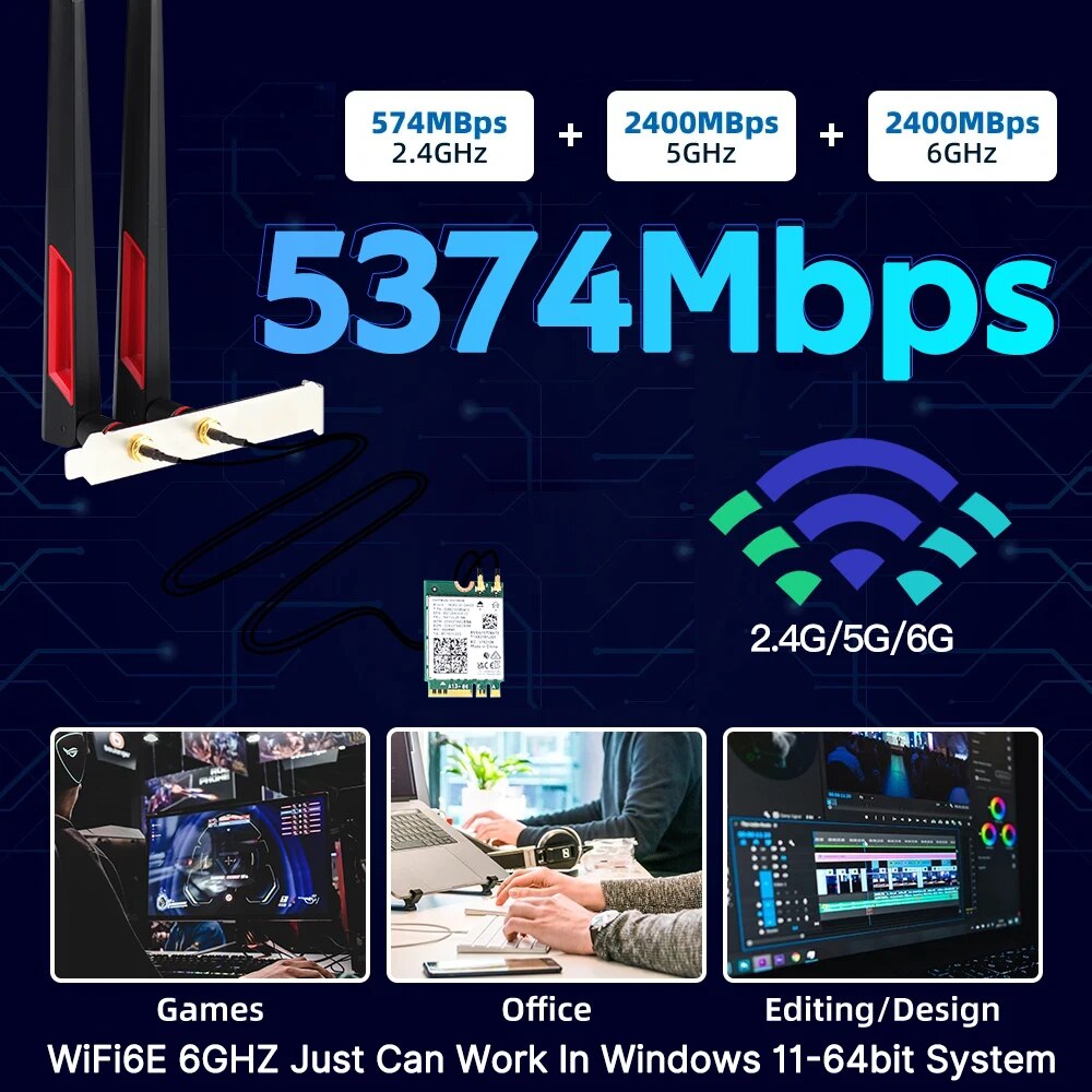 Adattatore wireless WiFi 6E AX210 M.2 2.4G/5G/6GHz Bluetooth 5.3 Wi-Fi 6 AX210NGW NGFF 10DBI Set di antenne per desktop/PC Win10/11