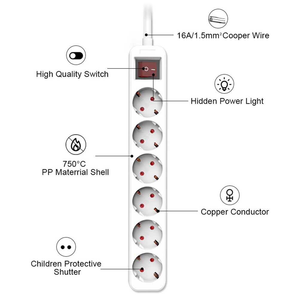 Strømskinne overspændingsbeskytter 3/4/5/6 ac eu elektriske stikkontakter ledningsforlænger med adapter forlængerledning kabel 1.5m