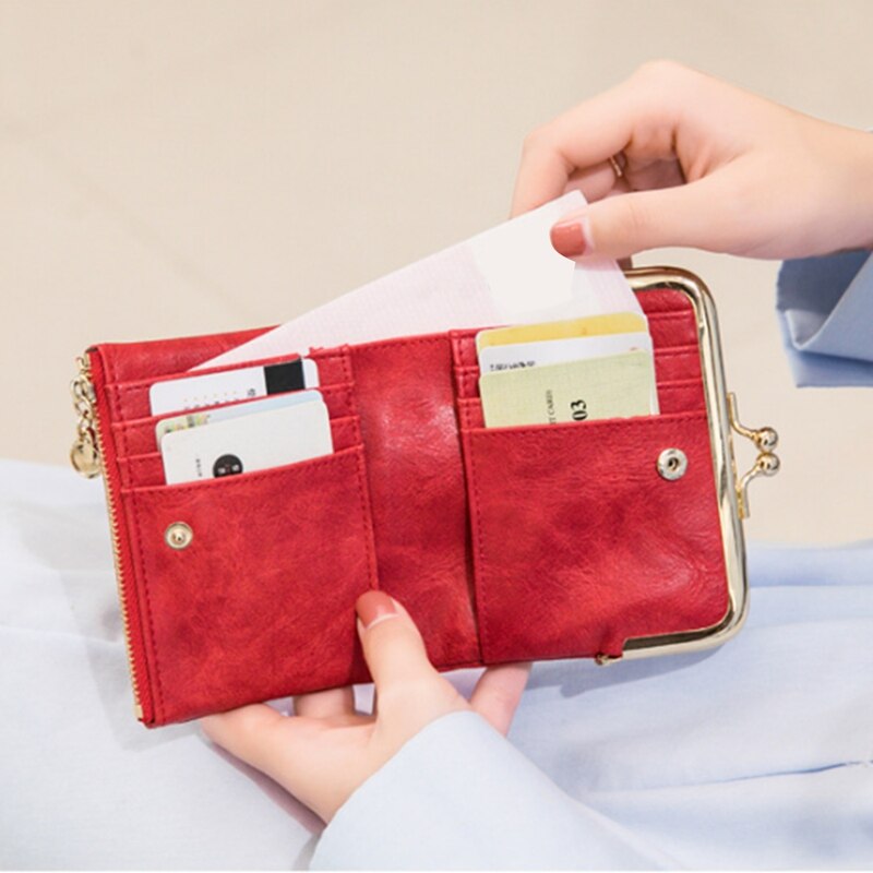 Womens Wallet Small Compact Bifold Leather Vintage Wallet,Ladies Coin Purse with Zipper and Kiss Lock