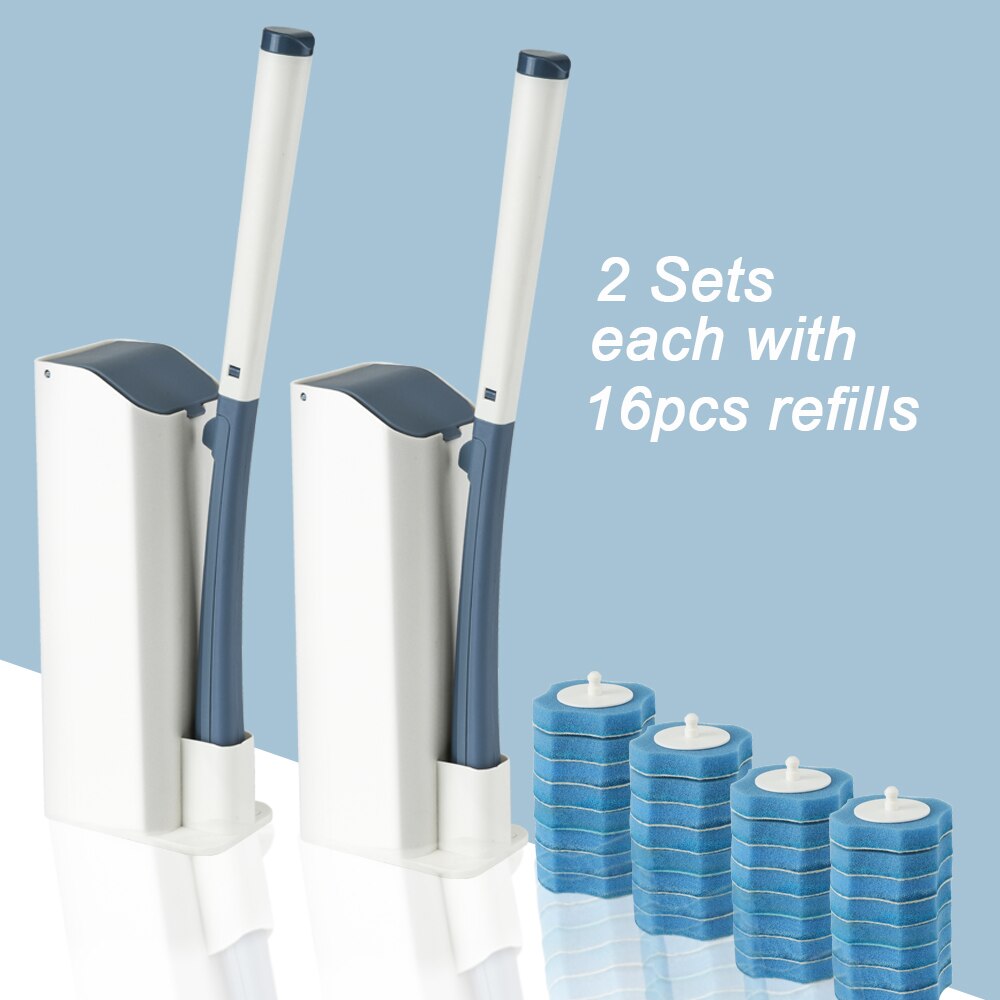 Toilet Brush Without Dead Angle Cleaning Toilet Brush Disposable Household Long Handle Cleaner Tool Bathroom Accessories: 2sets with 16refills