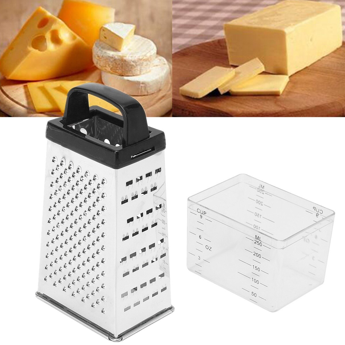 Sort / hvid tilfældig 4- sidet knive ost grøntsager rivejern gulerod agurk skiver skæreboks container køkkenudstyr rustfri