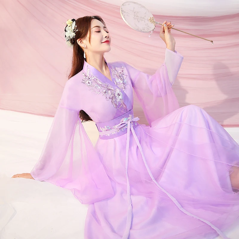 Women Chinese Hanfu Traditional Dancing Performance Outfit Costume Han Princess Clothing Oriental Tang Dynasty Fairy Dresses: S / PURPLE