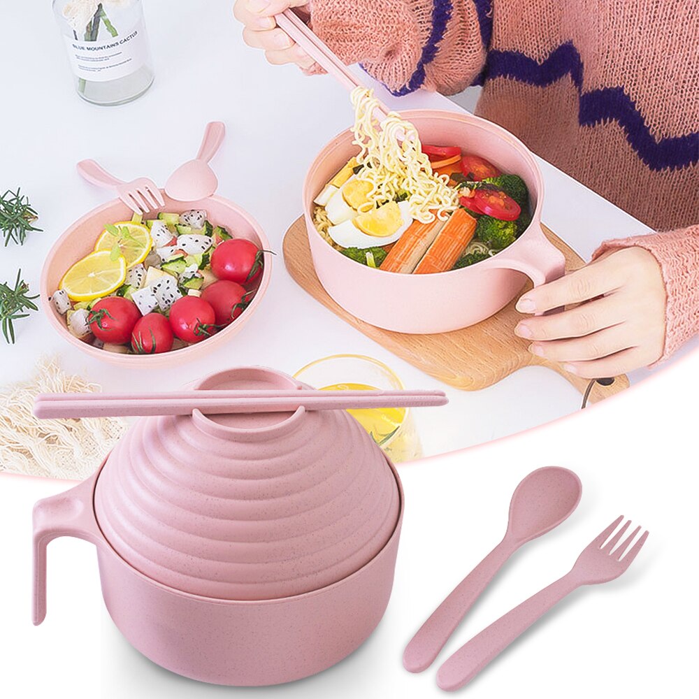 Ramen bol à nouilles instantanées avec poignée de couvercle, paille de blé , ensemble de couverts de cuisine, soupe salade riz bol micro-ondes: pink