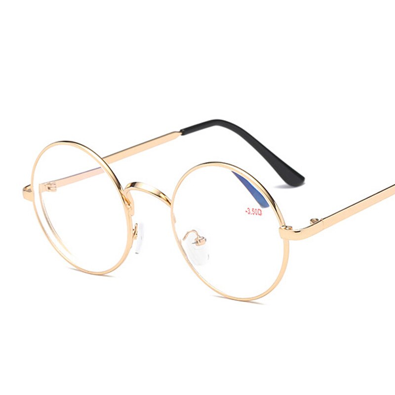 Óculos de miopia redondos clássicos com dioptria-1.0 a-4.0 vintage armação de metal mulher homem unisex óculos de visão estreita lente: -100 / Dourado
