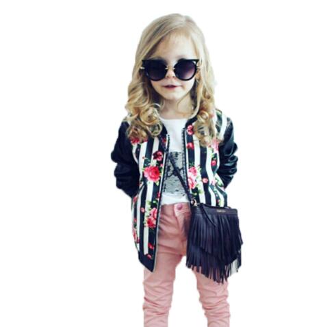 Filles cuir manteau enfants veste en cuir synthétique polyuréthane 3-9 ans fille col rond imprimé fleurs camouflage artificiel enfants outwear: stripe / 3T