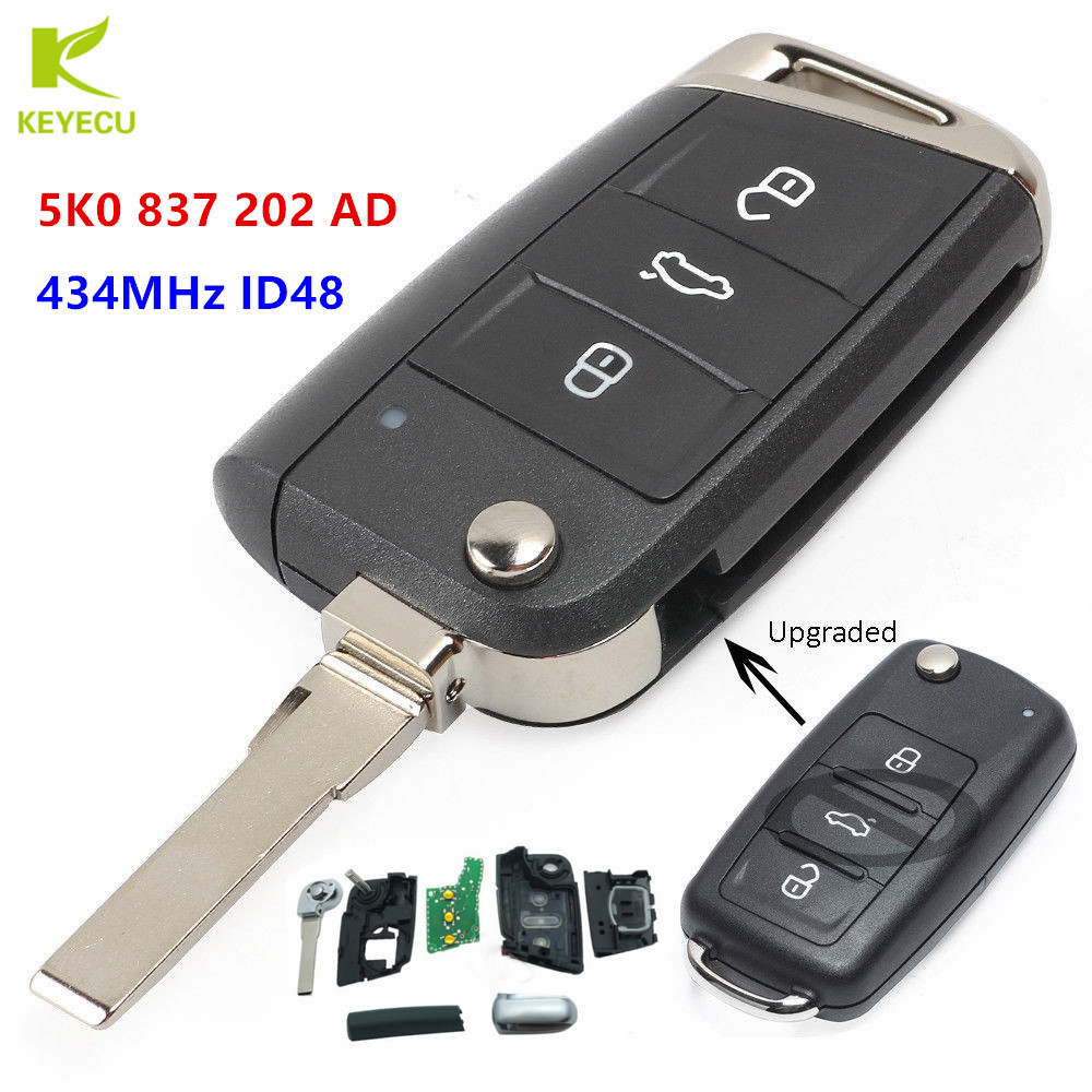 KEYECU Replacement Upgraded Foding Remote Key Fob 434MHz ID48 for Volkswagen Beetle Passat Jetta Polo FCC ID: 5K0 837 202 AD