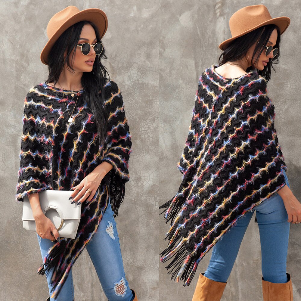 Women Colorful Striped Shawl Cloak Round Neck Wave Pattern Bat Sleeve Tassel Knitted Pullover Sweater for Streetwear