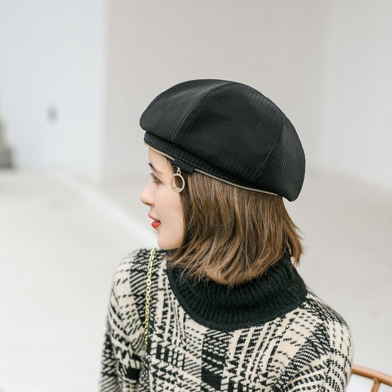 Boina, gorro de otoño-invierno , sombrero de mujer Vintage a rayas octogonal, gorra de caballero, gorra de pintor con cremallera para mujer, sombrero de pintor artístico de doble uso