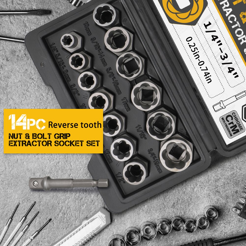 Anti-Theft 14pc Nut And Bolt Extractor Tool Set Bolt Nut Removal Extractor Multi-Functional Socket Tool Set