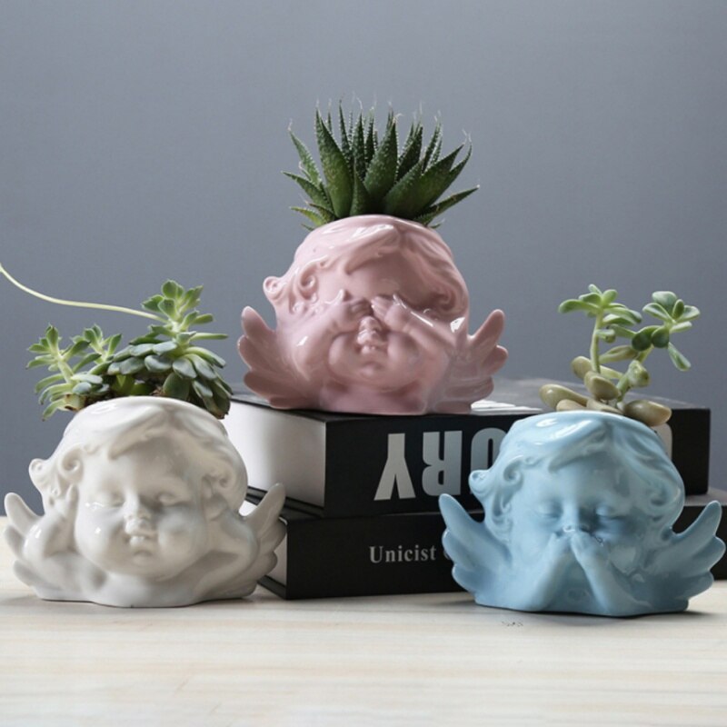 Maceta de cerámica con forma de Ángel y flor, lavabo de Cactus, planta suculenta en maceta, oración azul