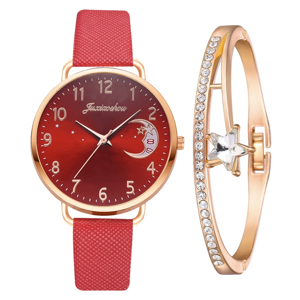 Women Watch Moon Numbers Dial Bracelet Watches Set Ladies Leather Strap Quartz Wristwatch Women Female Clock Relogio Mujer: XR4379-RD-RG