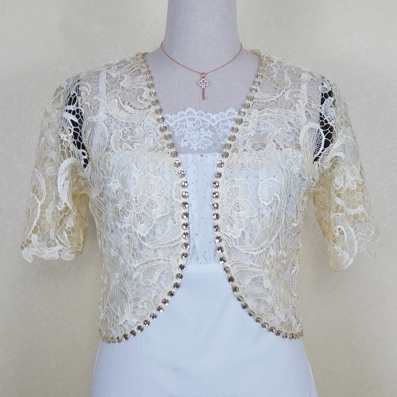 JaneVini, chaquetas cortas de encaje con cuentas para boda, se encoge para mujeres, verano, cristales rosas, Bolero, envolturas nupciales, accesorios de abrigo, Bolerka: Champán