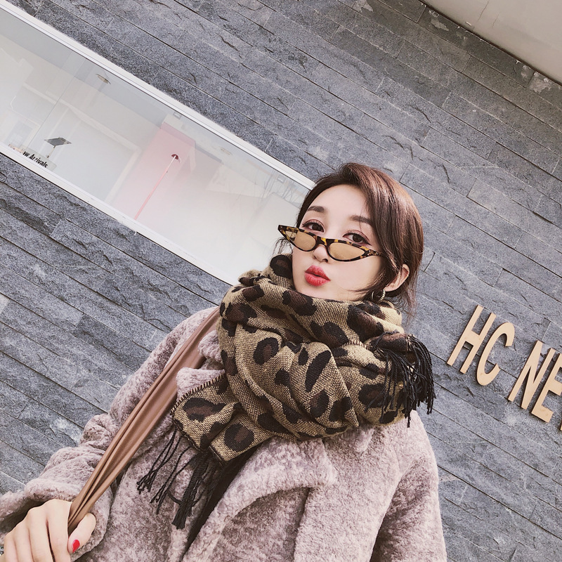 Bufanda mujer invierno estilo leopardo salvaje pelo borde decoración cálido cuello chal imitación cachemir leopardo bufanda
