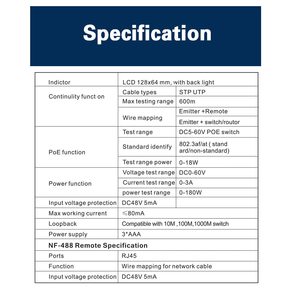 NF-488 Digital Ethernet CAT5 CAT6 LAN Network Cable PoE Switch Tester Detector LCD Display Network Cable Tester Network Tools