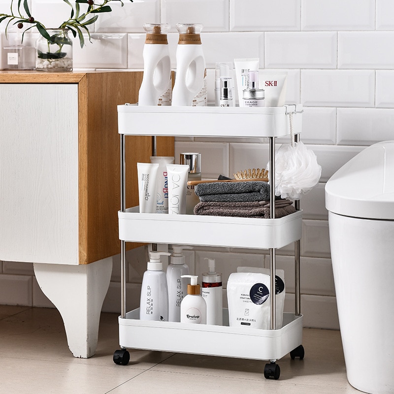 Movable Kitchen With Wheels, Side Refrigerator, Floor-To-Ceiling Slot Trolley With Hook Storage Rack, Slot Rack