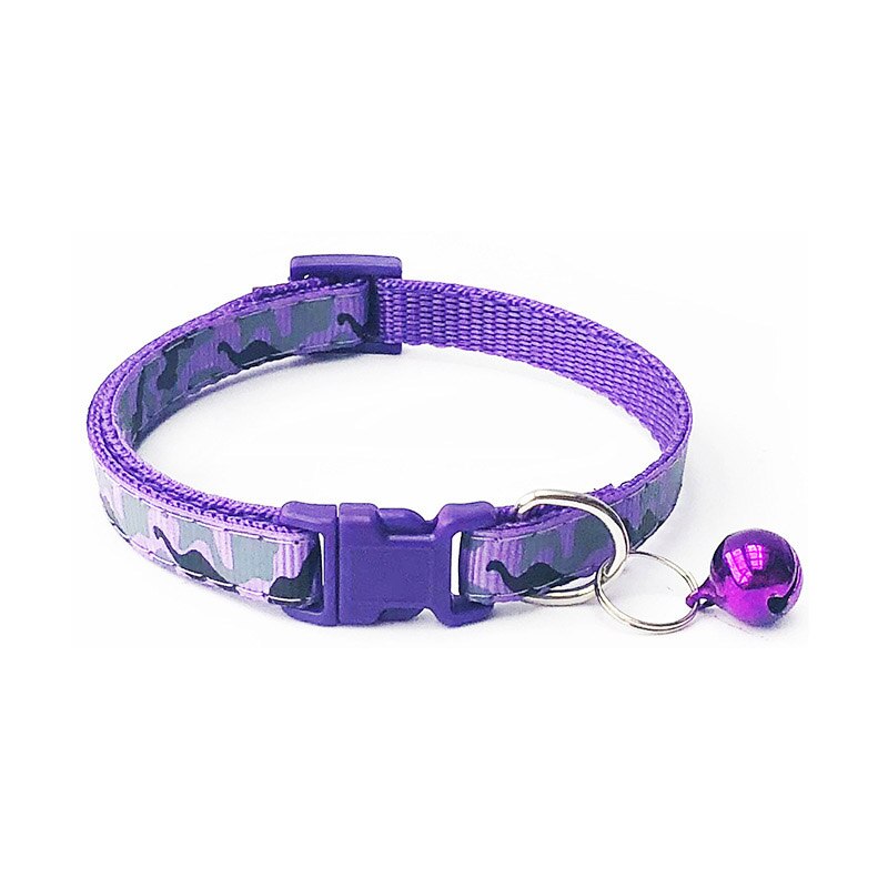 Collar de poliéster para mascotas, correa de cuello de camuflaje con campana, hebilla ajustable, para perros y gatos, accesorios para cachorros, gato: Púrpura